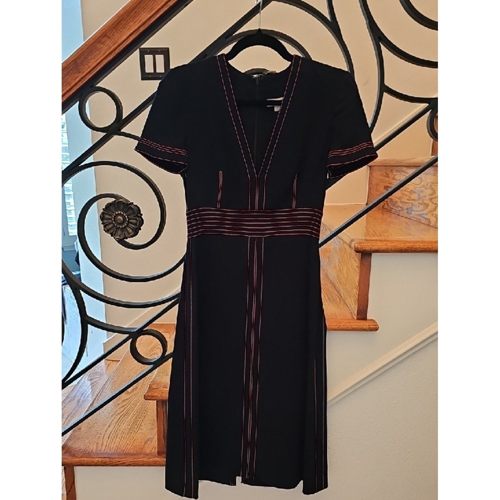 Burberry London England Black Red Contrast Stitch V-Neck Midi Dress US 2 NEW‎